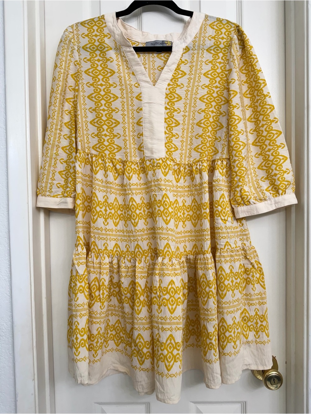 7021 Boho Yellow Patterned Mini Dress with V-Neck